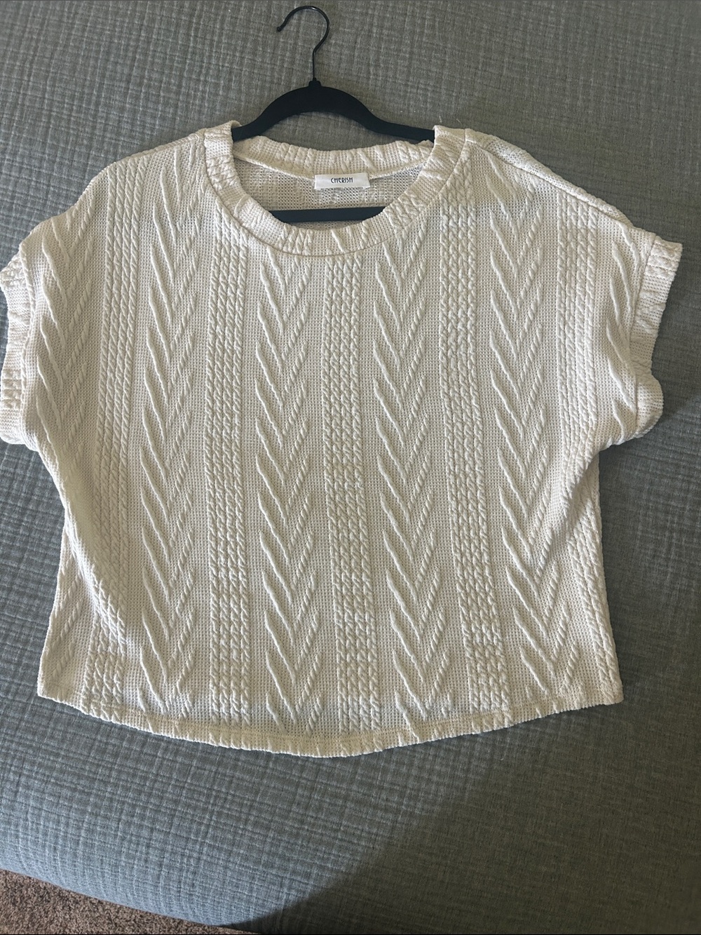 Cream Cable-Knit Short Sleeve Sweater Top